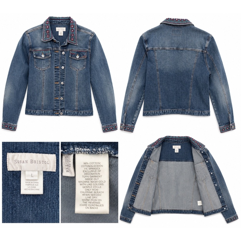 Susan Bristol Denim Jacket Womens Large Embroidered Boho Blue Medium Wash
